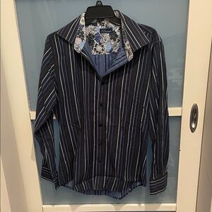 7 Diamonds Navy and White Striped Button Down Shirt, L, EUC, 100% Cotton